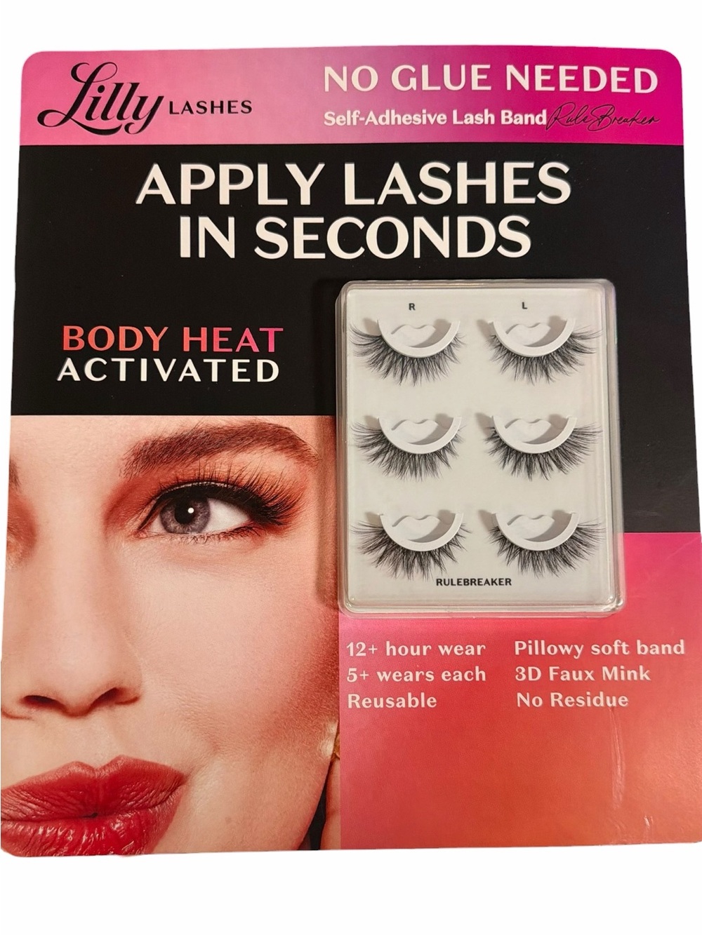 3 pk Lilly Lashes Self-Adhesive Faux Mink Reusable Eye Lashes NO GLUE NEEDED